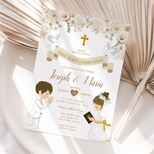 TWIN Boy Girl Praying First Holy Communion Floral Invitation (Creator Uploaded)