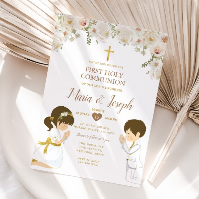 TWIN Boy Girl Praying First Holy Communion Floral Invitation (Creator Uploaded)