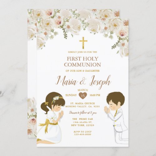 TWIN Boy Girl Praying First Holy Communion Floral Invitation