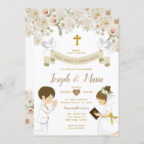 TWIN Boy Girl Praying First Holy Communion Floral Invitation