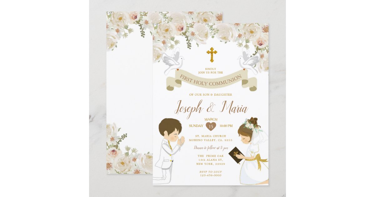 TWIN Boy Girl Praying First Holy Communion Floral Invitation | Zazzle
