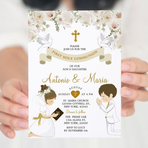 Twin Boy  Girl Praying Flowers 1st Holy Communion Invitation