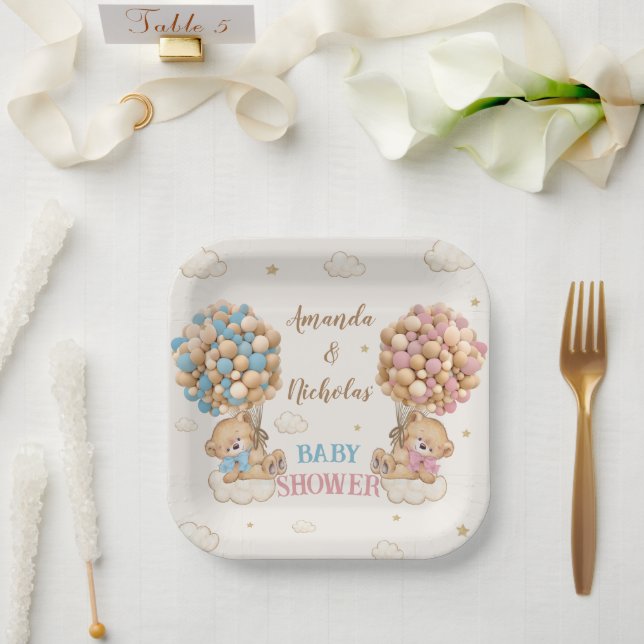 Twin Boy Girl Shower Cute Bears Pink Blue Paper Plates (Wedding)