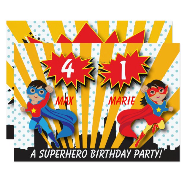 Twin Boy Girl Superhero Birthday Invitation