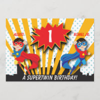 Twin Boy Girl Superhero Birthday Invitation