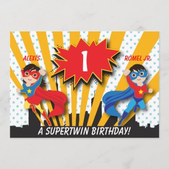 Twin Boy Girl Superhero Birthday Invitation by OrangeOstrichDesigns at Zazzle
