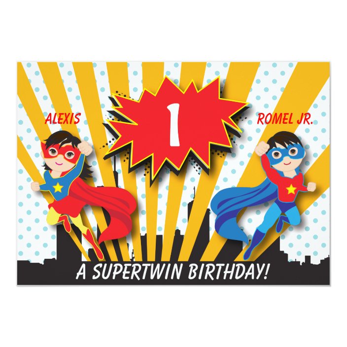 Twin Boy Superhero Birthday Invitation Zazzle Boy Superhero Birthday Invitation