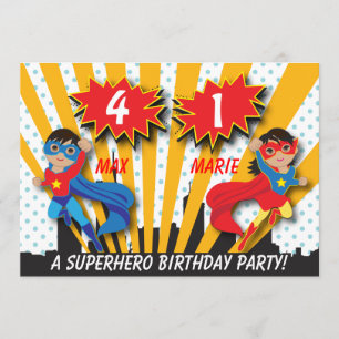 Twin Boy Girl Superhero Birthday Invitation