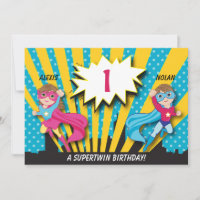 Twin Boy Girl Superhero Birthday Invitation