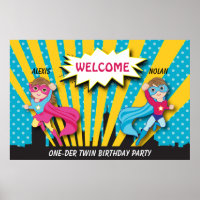 Twin Boy Girl Superhero Birthday Poster