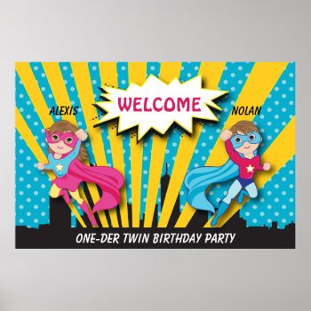 Twin Boy Girl Superhero Birthday Poster by OrangeOstrichDesigns at Zazzle