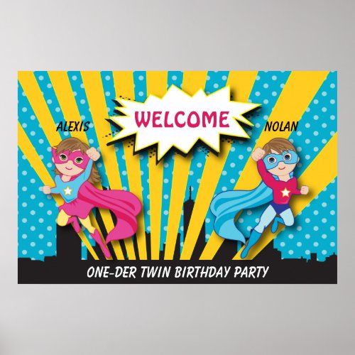 Twin Boy Girl Superhero Birthday Poster