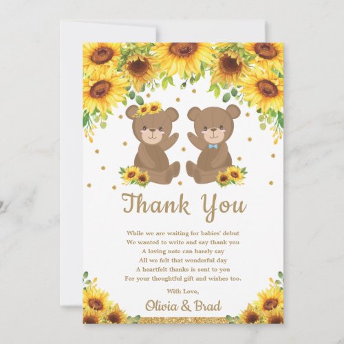 Twin Boy Girl Teddy Bear Sunflower Baby Shower Thank You Card