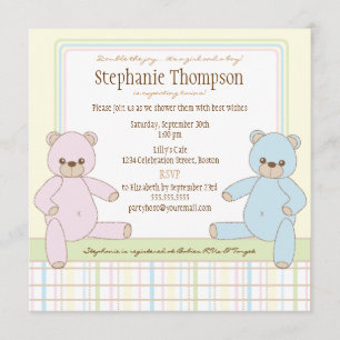 Twin Boy Girl Teddy Bears Baby Shower Invitation