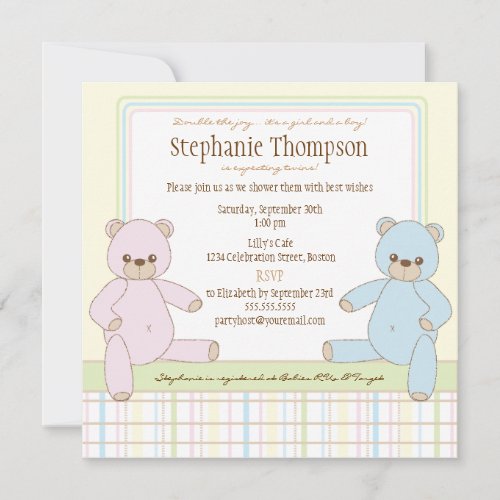 Twin Boy Girl Teddy Bears Baby Shower Invitation