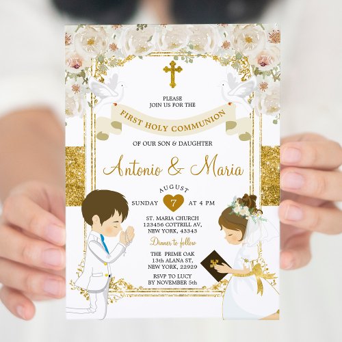 Twin Boy  Girl White Flower 1st Holy Communion Invitation