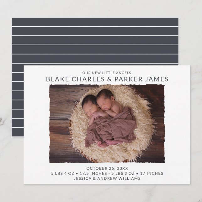 Twin Boy Photo Birth Announcement (Front/Back)