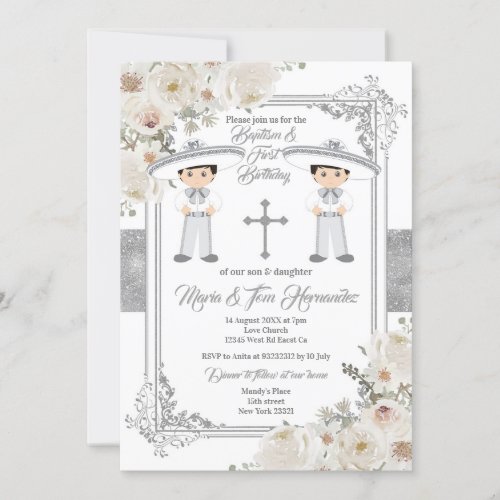 Twin Boy Silver Mexican Baptism Birthday Floral Invitation