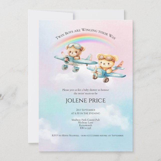Twin Boy Teddies Baby Shower Invitation (Front)