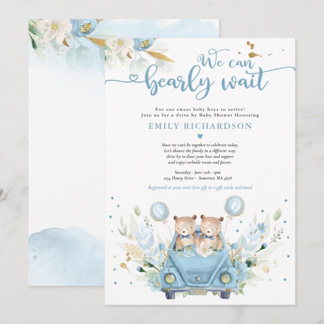 Twin Boy Teddy Bear Drive By Baby Shower Invitation (Front/Back)