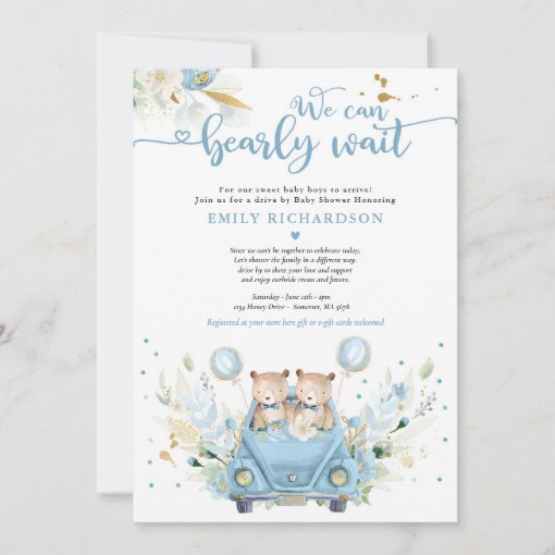 Twin Boy Teddy Bear Drive By Baby Shower Invitation Zazzle