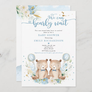 Twin Boy Teddy Bear We Can Bearly Wait Invitation