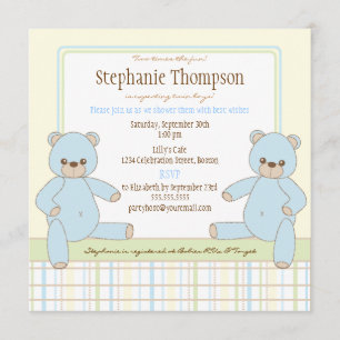 Twin Boy Teddy Bears Baby Shower Invitation