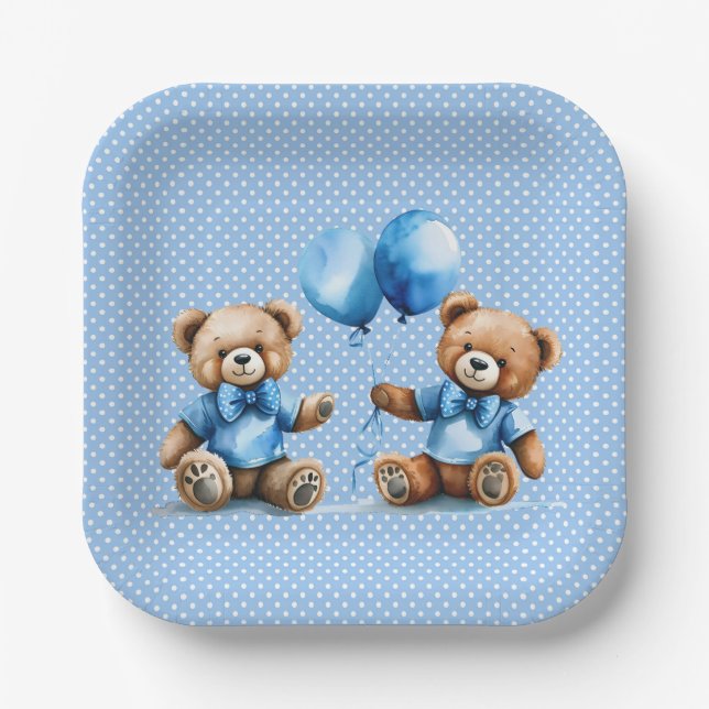 Twin Boy Teddy Bears On Polka Dots Paper Plates (Front)