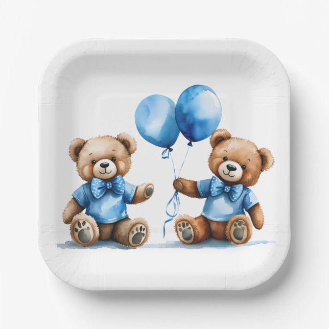 Twin Boy Teddy Bears With Blue Balloons Paper Plates (Front)
