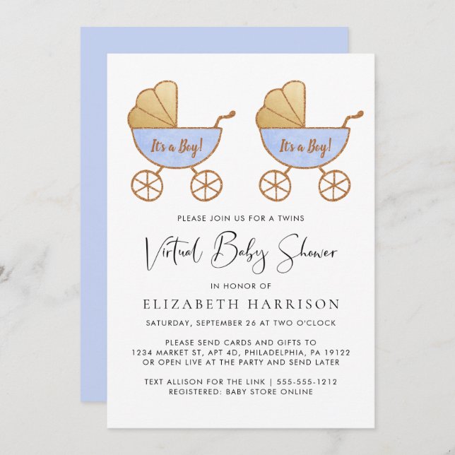Twin Boy Watercolor Virtual Baby Shower Invitation (Front/Back)