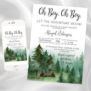 Twin Boy Woodland Bear Oh Boy Baby Shower Invitation