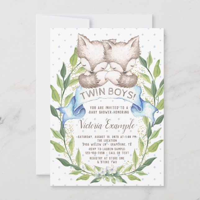 Twin Boy Woodland Fox Baby Shower Invitations (Front)