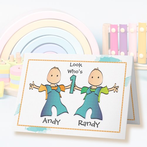 Twin Boys 1st Birthday Cute Adorable Cartoon  Card