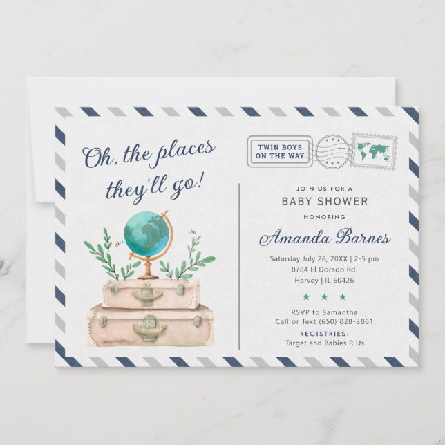 Twin Boys Airline Travel Baby Shower Suitcase Chic Invitation (Front)