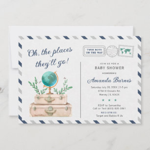 Twin Boys Airline Travel Baby Shower Suitcase Chic Invitation
