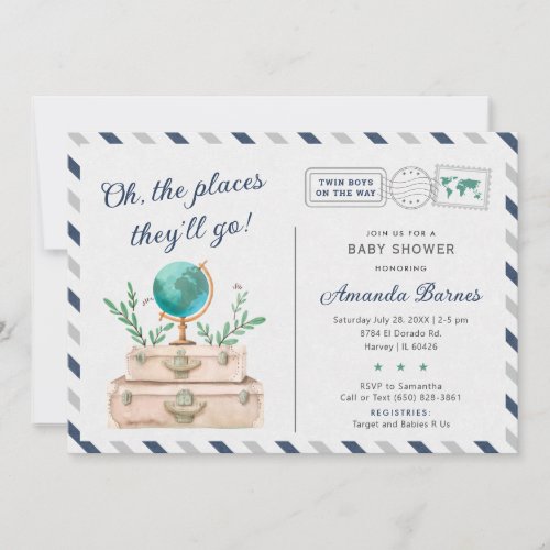 Twin Boys Airline Travel Baby Shower Suitcase Chic Invitation