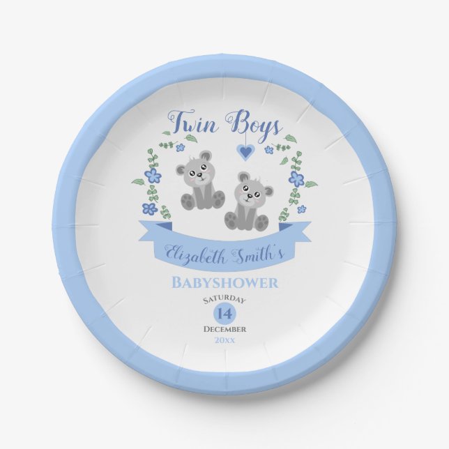 Twin boys baby bears baby shower  paper plates (Front)