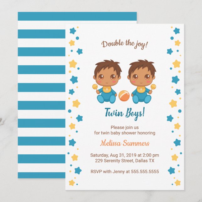 Twin Boys Baby Shower 2 Invitation (Front/Back)