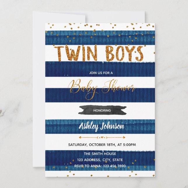 Twin Boys Baby Shower confetti invitation (Front)