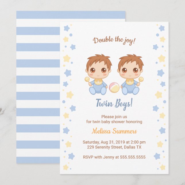 Twin Boys Baby Shower Invitation (Front/Back)