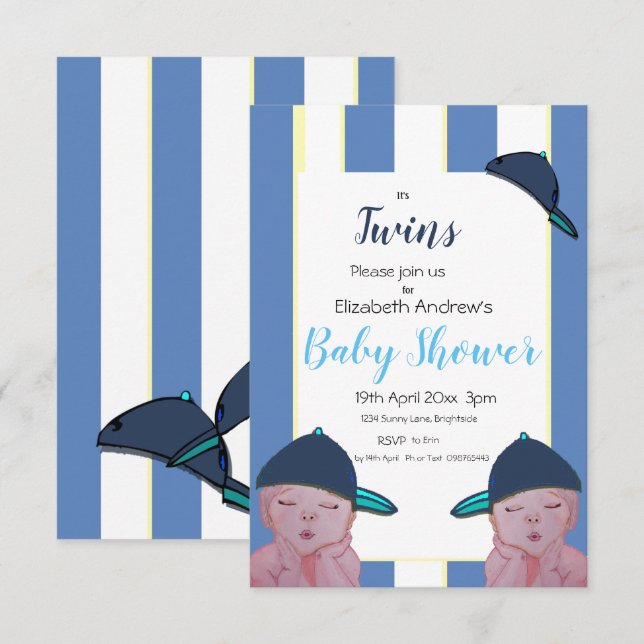 Twin Boys Baby Shower Invitation in Blue/Yellow (Front/Back)