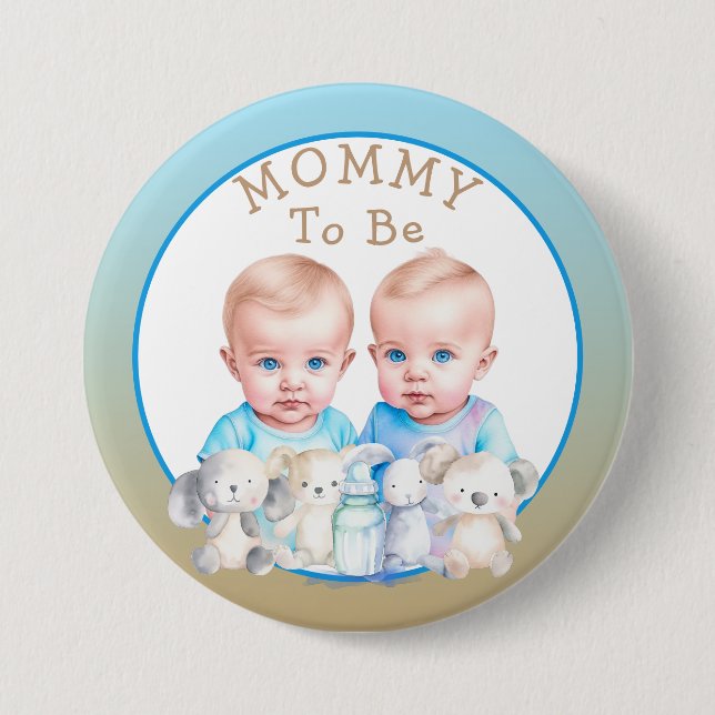 Twin Boy's Baby Shower Mommy To Be Button (Front)