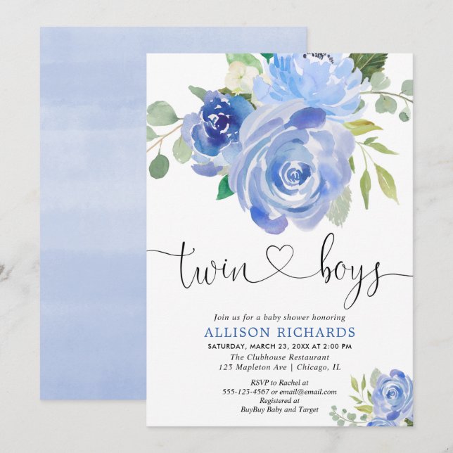 Twin boys baby shower navy green floral invitation (Front/Back)