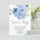 Twin boys baby shower navy green floral invitation (Standing Front)