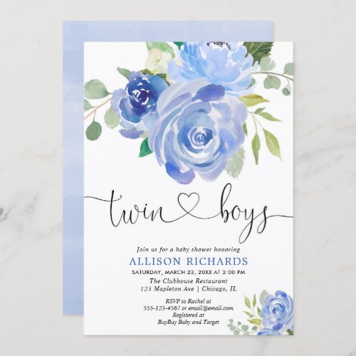 Twin boys baby shower navy green floral invitation
