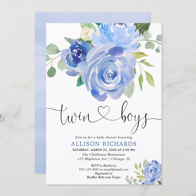 Twin boys baby shower navy green floral invitation (Front/Back)