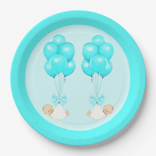 Twin Boys Baby Shower Paper Plates (Front)