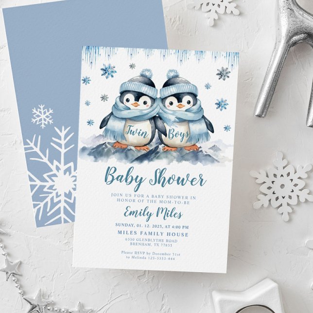 Twin Boys Baby Shower Penguin Invitation (Creator Uploaded)