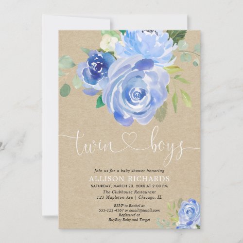 Twin boys baby shower rustic blue floral kraft invitation