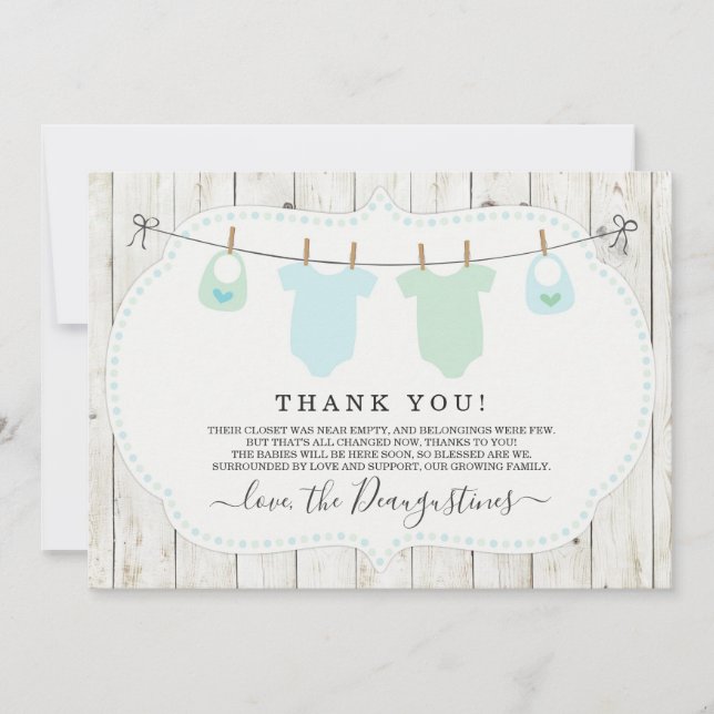 Twin Boys Baby Shower Thank You Card - Rustic (Front)